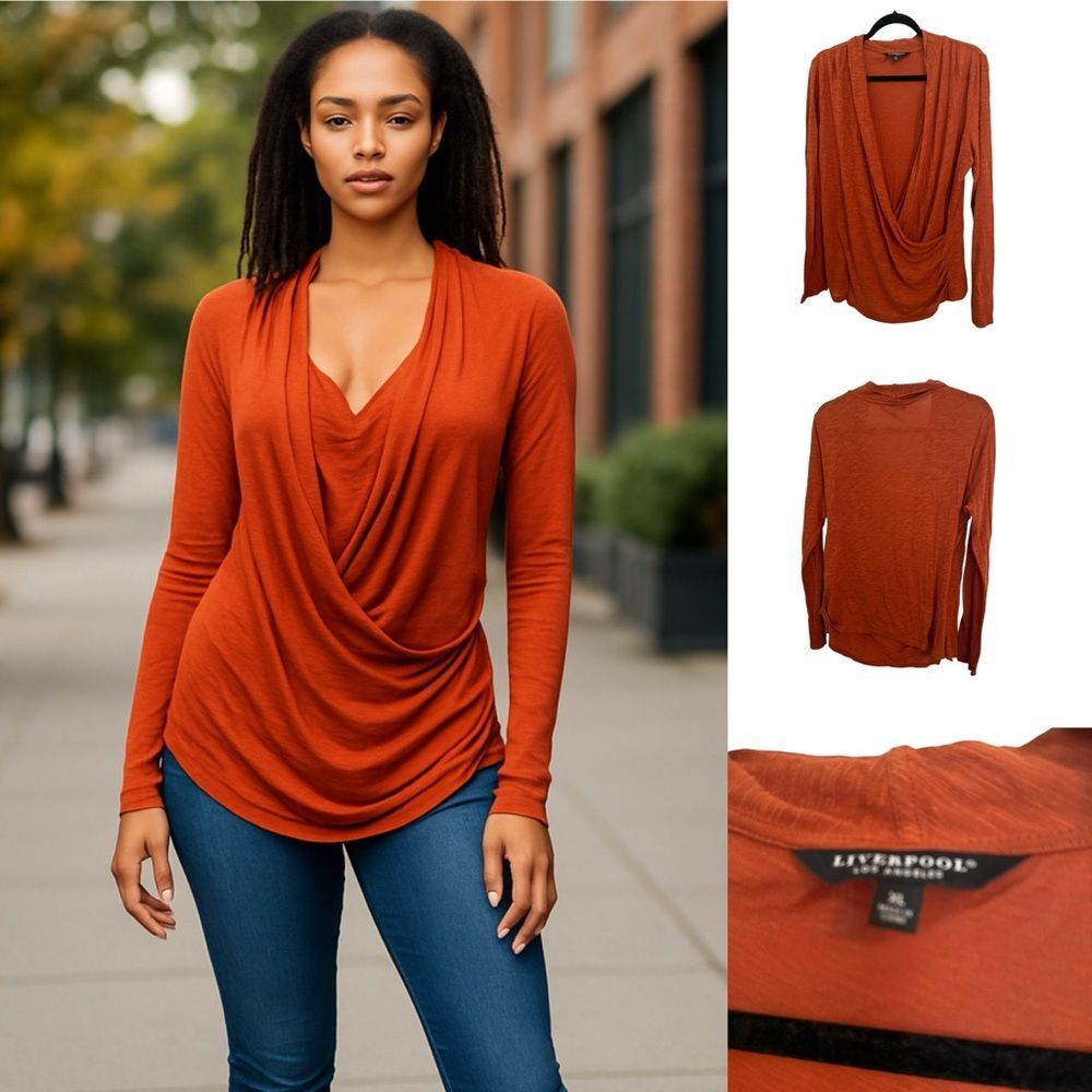 Liverpool Los Angeles Faux Wrap Drape Top – Rust Orange – Size XL